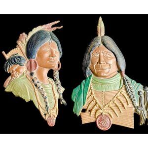 2 Vtg Sexton Indian Native American Metal Wall Plaque Western Cabin Rustic Art